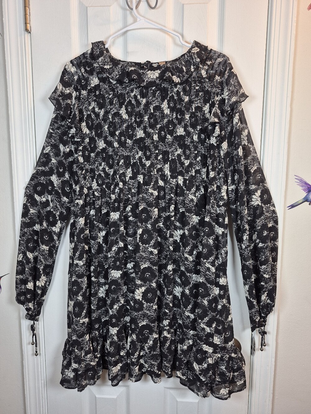 Free People Floral Ruffle Pleated Mini Dress Black White Boho Cottagecore L